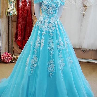 Blue Tulle Prom Dress, Long Lace Prom Dress,..