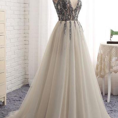 Elegant Tulle Prom Dress, Sequins Long Party..
