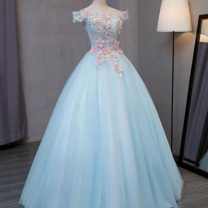 Off Shoulder Prom Dress, Floral Dress, Blue..