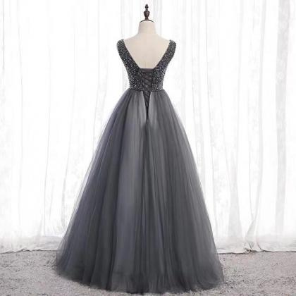 Dark Grey Party Dress V Neck Evening Dress Tulle..