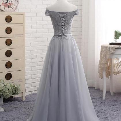 Gray Tulle Off Shoulder Party Dress Long A-line..