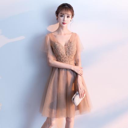 V-neck Homecoming Dress Champagne Party Dress Cute..