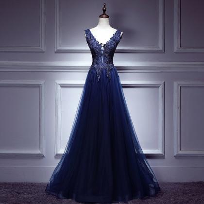 V-neck Prom Dress Navy Blue Evening Dress Simple..