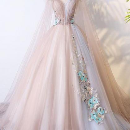 Romantic Tulle V Neck Long Evening Dress,lace..