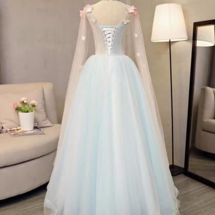 Sky Blue Tulle ,long A-line Prom Dress, Long V..