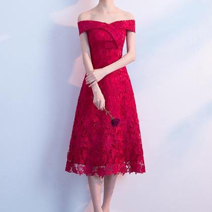 Red Off The Shoulder A-line Lace Midi..