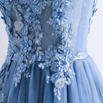 Cap Sleeves Prom Dress Elegant Blue Party Dress..