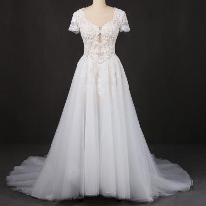 Cap Sleeves Wedding Dress White Bridal Dress..