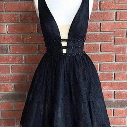 V-neck Prom Dress Lace Party Dress Black..