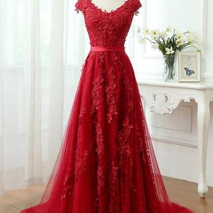 Charming Red Tulle Applique Lace Prom Dress,cap..