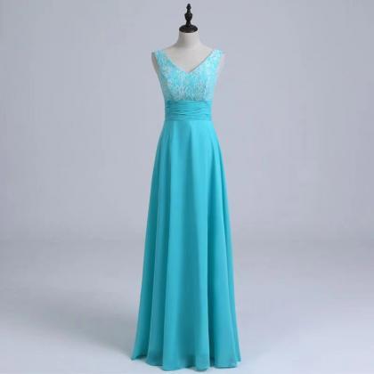 V-neck Prom Dress Blue Evening Dress Chiffon Party..