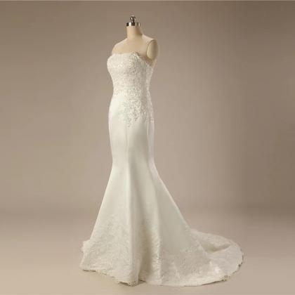 Strapless Wedding Dress White Satin Bridal Dress..