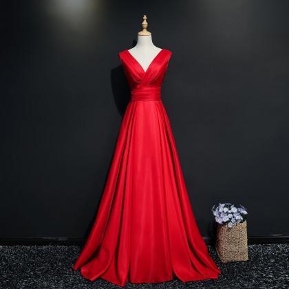 Red Prom Dress V-neck Evening Dress Satin Simple..
