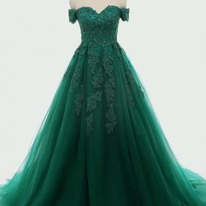 Green Prom Dress Off Shoulder Party Dress Tulle..