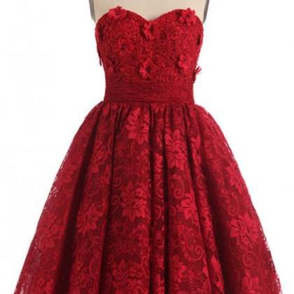 Strapless Prom Dress Red Party Dress Lace..