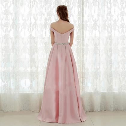 Pink Bridesmaid Dress Off Shoulder Length V-neck..