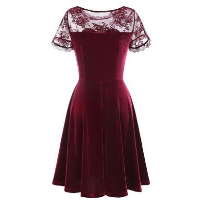 Velvet Homcoming Dress Lace Splicing Short Dress