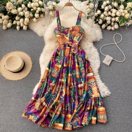 Vintage Fashion, Print Halter Dress, Beach Holiday..