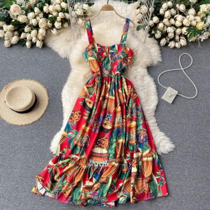 Vintage Fashion, Print Halter Dress, Beach Holiday..