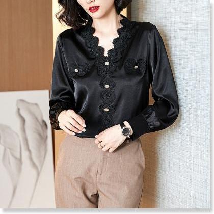 Hollow Lace Patchwork, V-neck Edge, Long Sleeve..