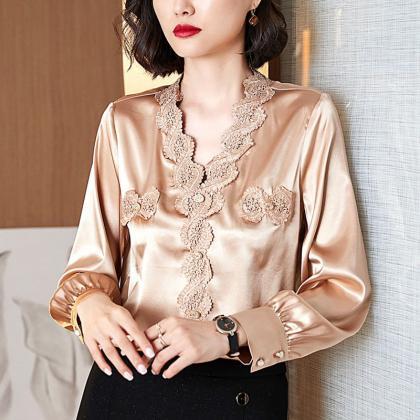 Hollow Lace Patchwork, V-neck Edge, Long Sleeve..