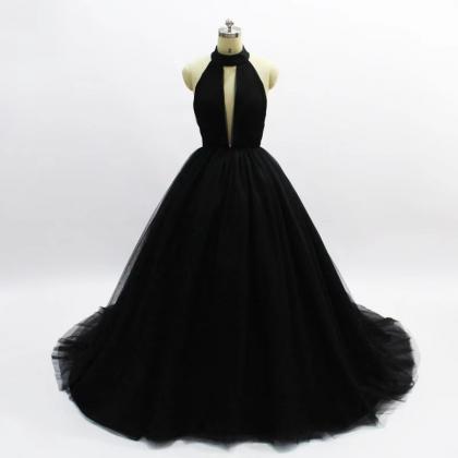 Black Princess Evening Dress, Backless Prom Dress..