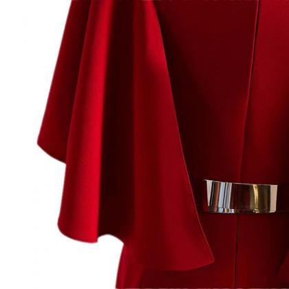 Half-sleeve V-neck, Red Maimadi Evening Dress,side..