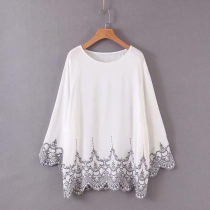 , Round Neck, Long Sleeves, Embroidered Lace Hem,..