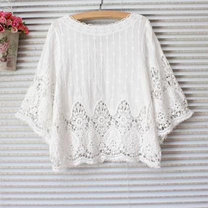 Embroidery Hollowed-out, Lace Blouse, All-cotton..