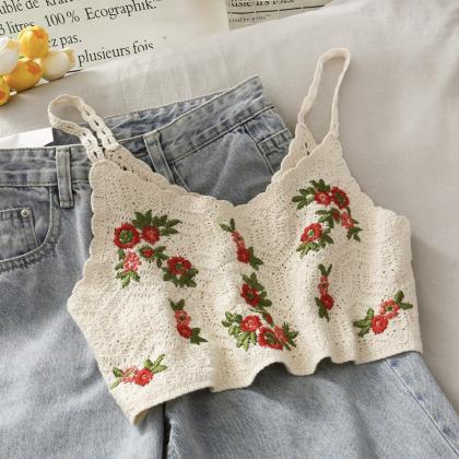 Short Embroidered Knitted Vest, Built Inside..