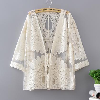 Summer Hollowout, Embroidered Cardigan, Lace..