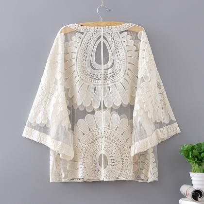 Summer Hollowout, Embroidered Cardigan, Lace..