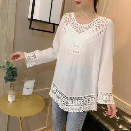 Pure Cotton Hollow-out Blouse, White Long-sleeve..
