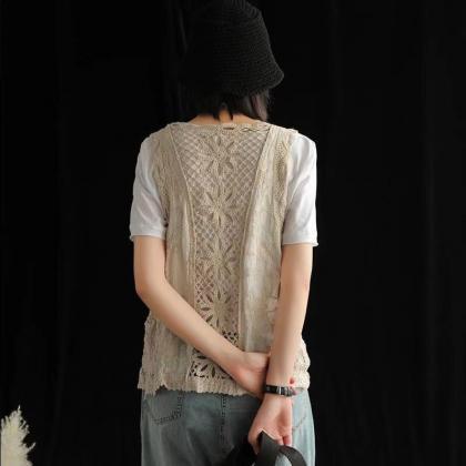 Retro Ancient Art, Cotton Crochet Vest, Sleeveless..