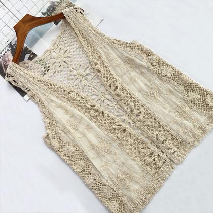 Retro Ancient Art, Cotton Crochet Vest, Sleeveless..
