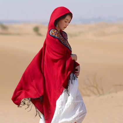 Red Shawl, Ethnic Style Hoodie, Thickened, Cape..