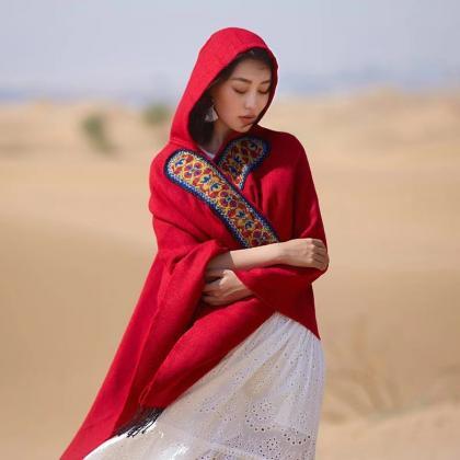 Red Shawl, Ethnic Style Hoodie, Thickened, Cape..