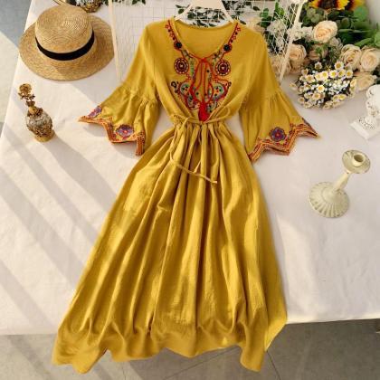 Bohemian Folk Dress,embroidered Maxi Dress,short..