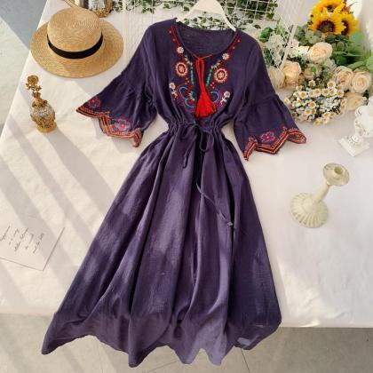 Bohemian Folk Dress,embroidered Maxi Dress,short..