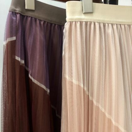 Contrasting Color Gauze Skirt, High Waist Color..