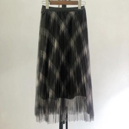 Plaid Print Net Gauze Skirt, Thousand Bird Shape..
