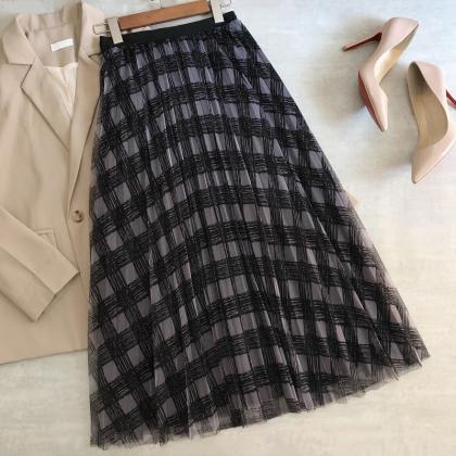 Gauze Skirt, Plaid Print High Waist Skirt, Long..