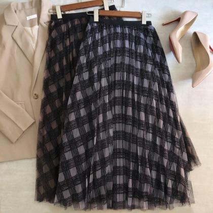 Gauze Skirt, Plaid Print High Waist Skirt, Long..