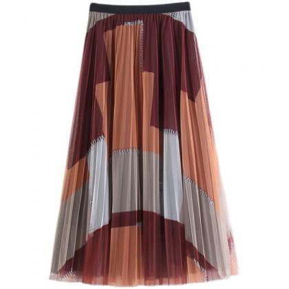 Spring And Summer Skirt, Clash Color Mesh Pleated..