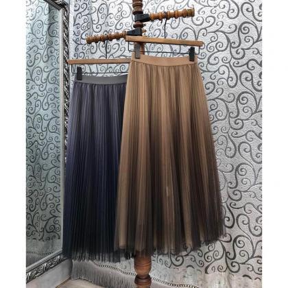 Spring Style, Gradient Mesh Pleated Skirt, High..