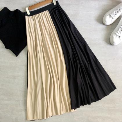 Splicing, Contrasting Colors, Pleated Skirt With..