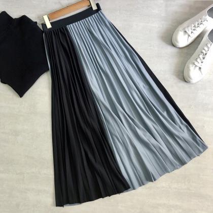 Splicing, Contrasting Colors, Pleated Skirt With..