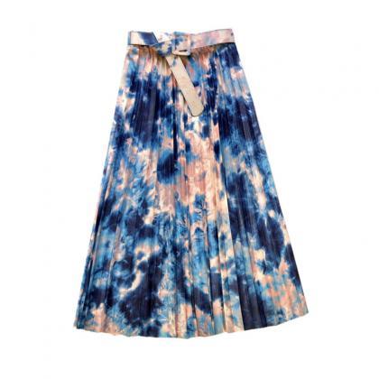 Tie-dyed Splashed Ink, Printed Belt, Long Pleated..