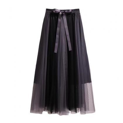 Splicing, Tie Bow Net Pleated Skirt, Patchwork..