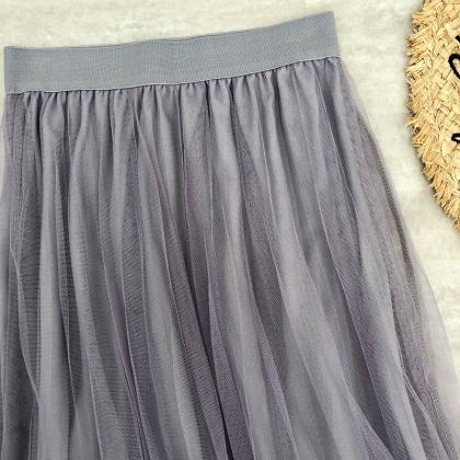 High Waist Skirt, Pleated Net Gauze Skirt, Elastic..